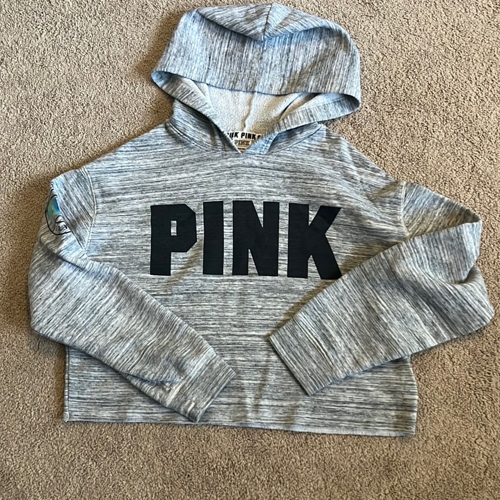 Pink Victoria secret gray cropped hoodie size M